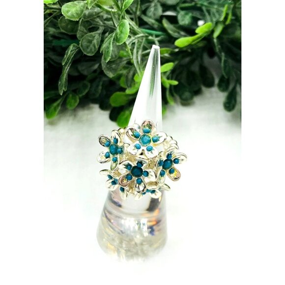 Floral Silver Tone with Blue Enamel Floral Adjustable Stretch Ring - Picture 3 of 7